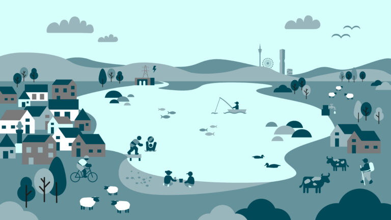 Illustration av en sjö med samhällen, människor och natur