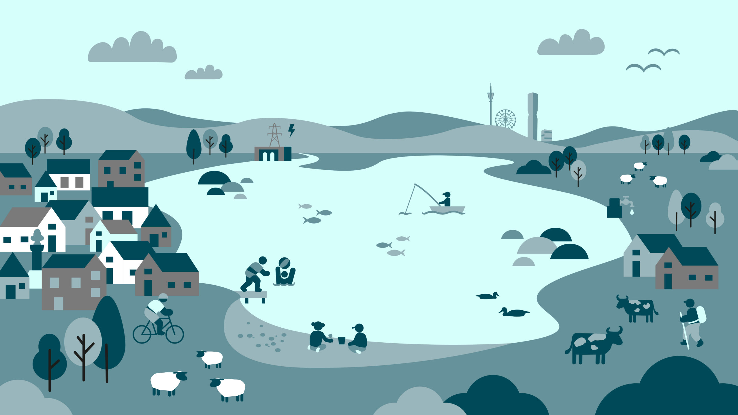 Illustration av en sjö med samhällen, människor och natur