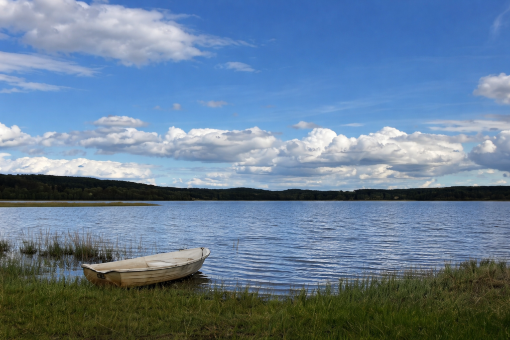Bild på Mjörn med en roddbåt i förgrunden